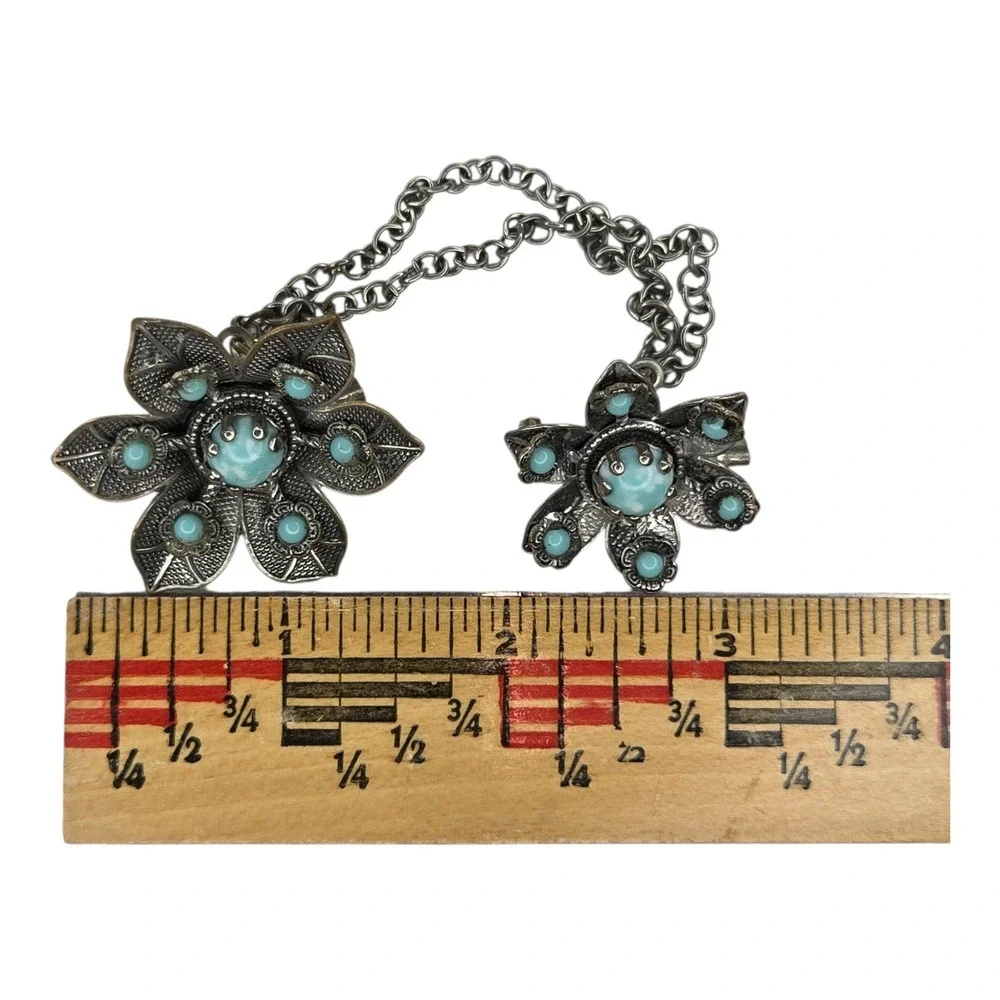 Vintage Collar Chain Brooch Silver Tone Blue Floral Southwestern Western